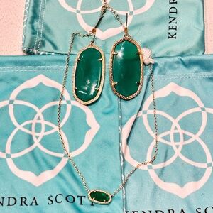 Kendra Scott Green and Gold Drop Earrings and Necklace Set
